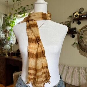 Earth Tone Striped Crinkle Scarf Brown Tan Lightweight Pleated Lettuce Edge